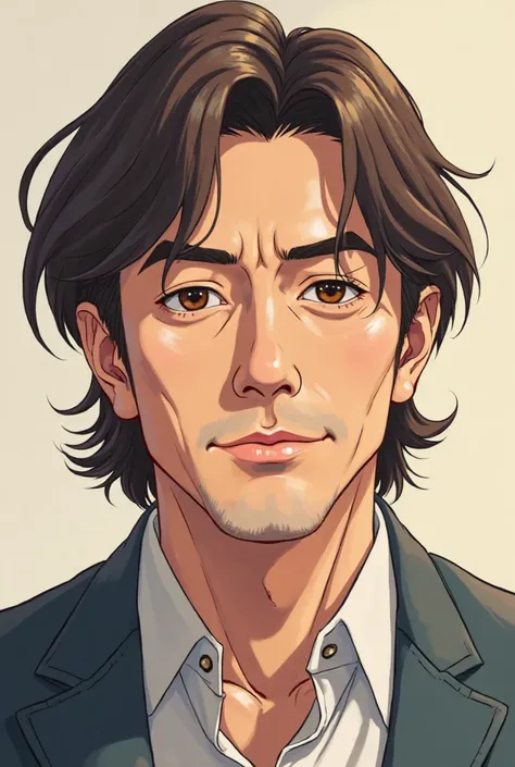 Anime about a 48-year-old white man,  brown eyes and hair, slightly Asian eyes, well-made nose