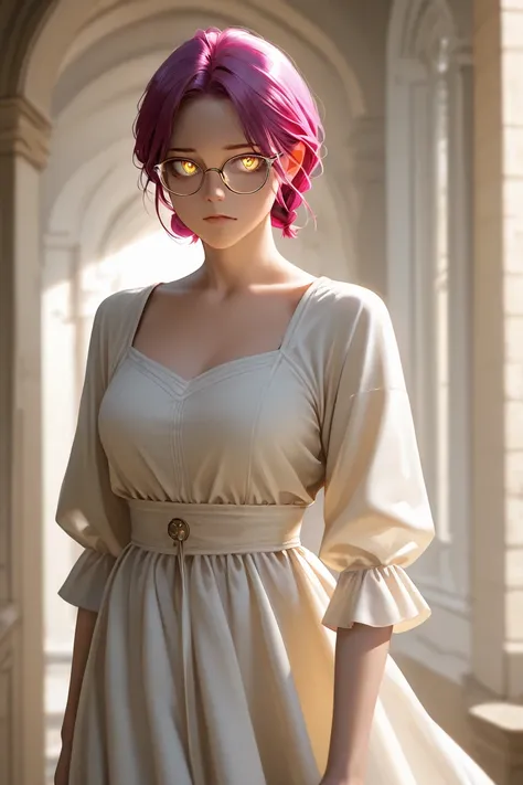 Expressionless woman with golden eyes, star-shaped pupil, short hair, big hair pigtails, lush hair pigtails, big bust, magenta hair and short white dress