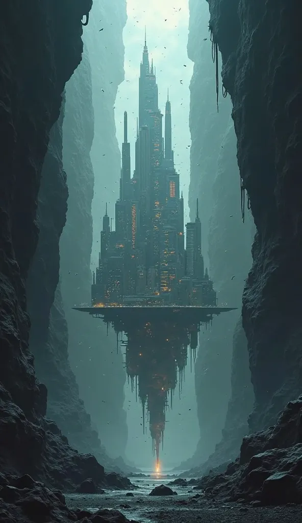 From inside the gap, there is a glimpse of a strange picture—a city floating in the void, with its shimmering buildings whose shape is constantly changing.