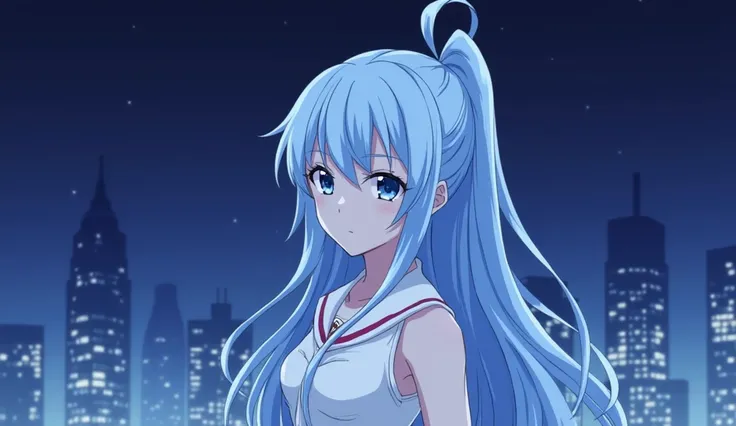 1 girl, Invisible,solo, High Resolution, long hair, Blue Hair/light blue hair tied at the top,  natural perm,  blue eyes, fuzzy expression,  standing picture,  wide angle shot,  displayed sideways, anime style, background night cityscape