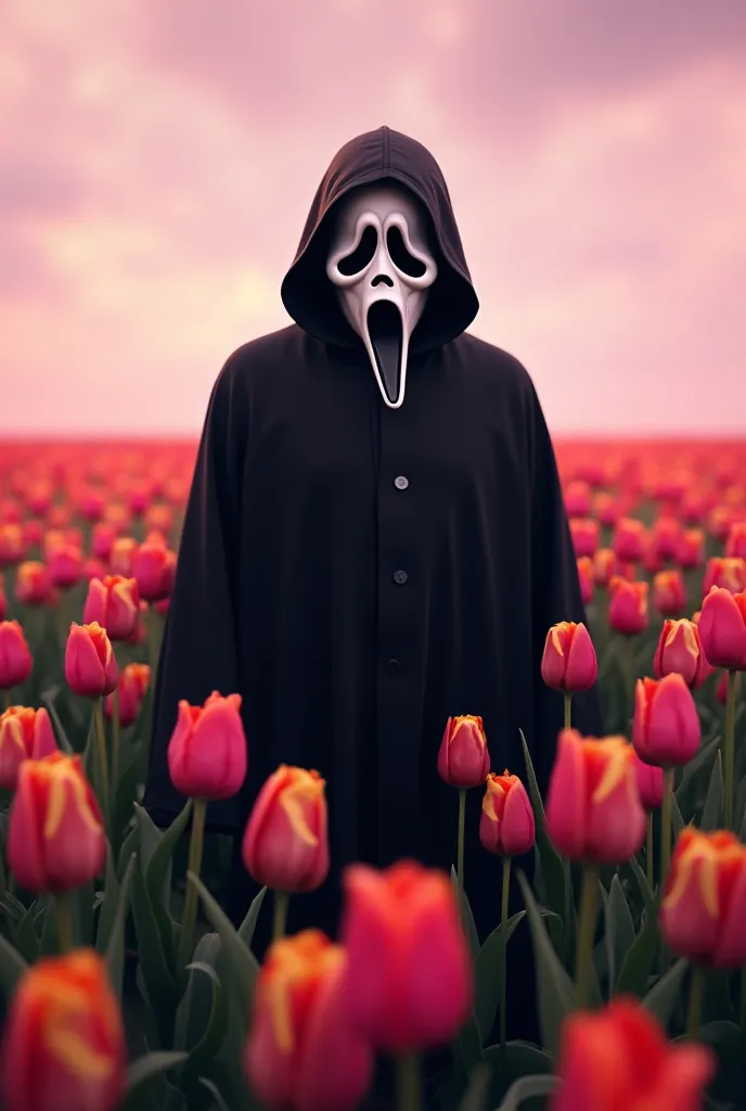 The character Ghostface in a field of colorful tulips and a pink sky in the background 