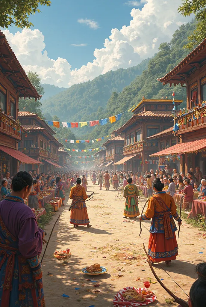 Party time with food and drinks in a village in Bhutan playing archery