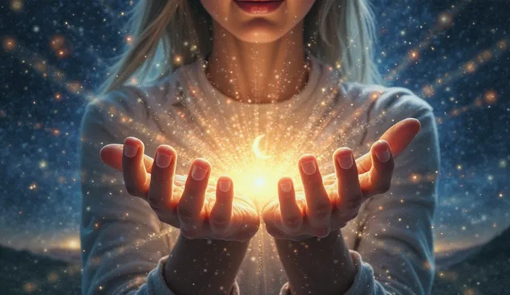  A visual of energy flowing from the hands of the person with the crescent moon mark, radiating outward in the form of light beams. These beams represent the Law of Attraction, manifesting desires and intentions. The background should be cosmic and expansi...