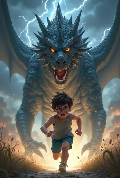 A  white boy with brown hair,gray tank top,blue underwear and black glasses running away from a lightning dragon