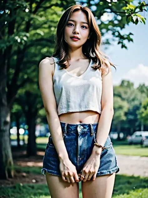 nsfw,one woman,(denim mini skirt,white tank top,midriff baring),panty shot,hugging own legs,boobs,cute face,cool face,peer in from below,daytime,public park,field,high quality,photorealistic,masterpiece,highly detailed,japanese