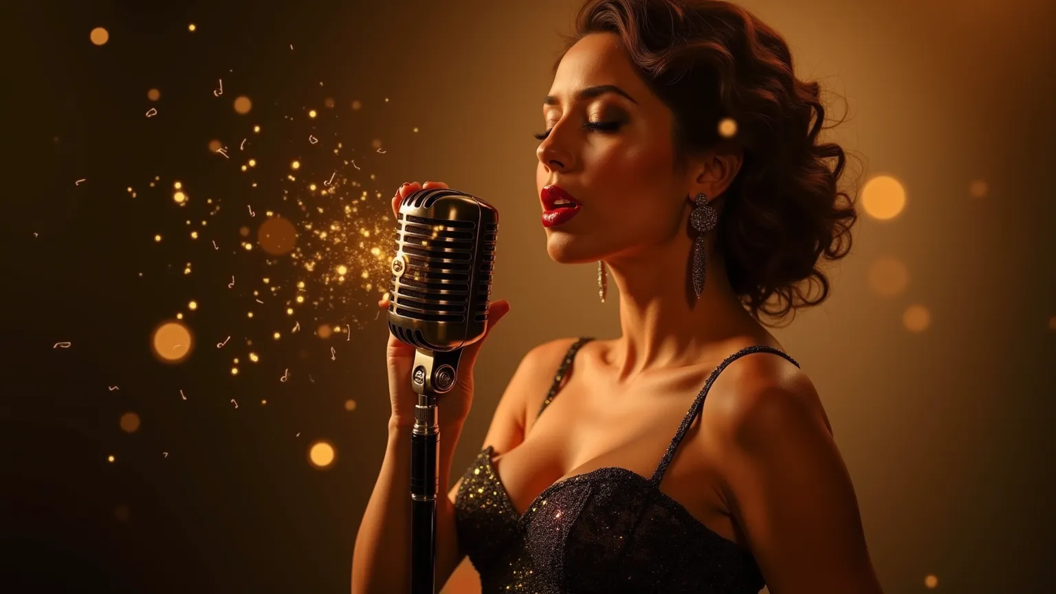 A beautiful woman in a futuristic corset dress sings into a sleek, vintage-styled microphone. Her deep red lips part as she holds a high note, the glow of holographic notes swirling around her face. Soft golden lighting, rich jewel tones. Sensual, dramatic...