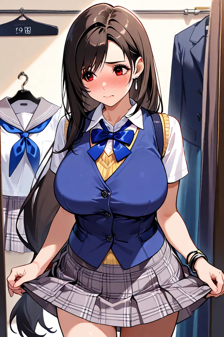  masterpiece, Highest quality, High Resolution,Tifa,Blue neckerchief,  dressing room,(bright color,), collared shirt, sweater vest,big breasts,(Blue Vest:1.2), Short sleeve, Discipline Committee,bracelet,  plaid skirt,  Grey Skirt , Embarrassed, lift up th...