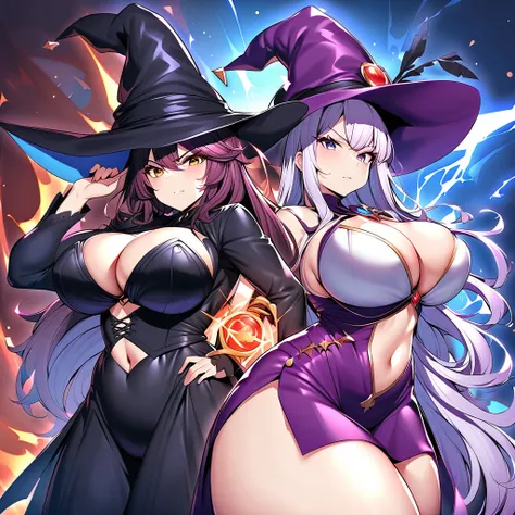  witches series, witch outfits, wizard hats, big bosom, buxom, 2 womans, curvy body, they're together, they're unleashing a Powerful spell together in a cordinate attack, serious And determined, ((they're together unleashing a finishing spell together as a...