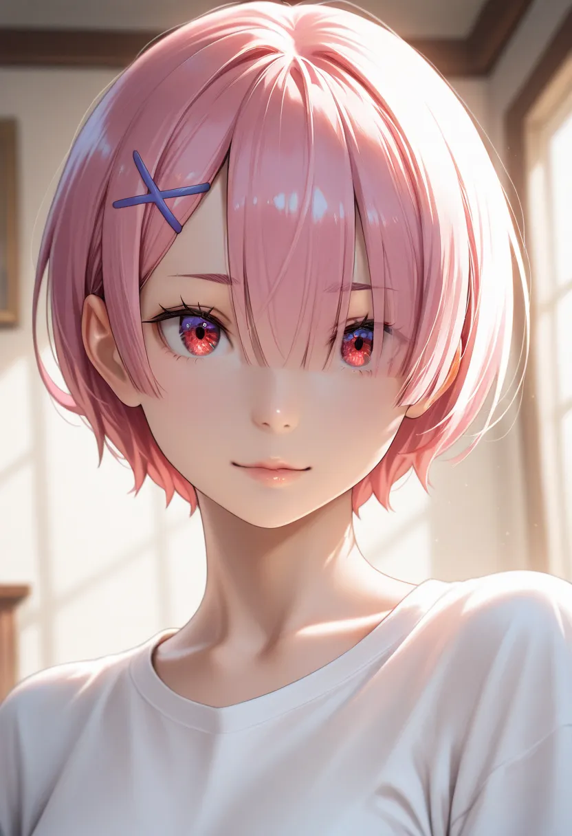 masterpiece, best quality, vibrant, very aesthetic, high contrast, photorealistic portrait,beautiful detailed face,detailed texture,detailed skin, newest, 1girl,Re:Zero kara Hajimeru Isekai Seikatsu,source_Re:Zero kara Hajimeru Isekai Seikatsu,ram,shirt,ro...