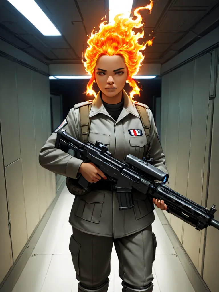 Beautiful age girl wielding a boxy futuristic machinegun while standing in a space station corridor a stern expression on her face. lighting low-light, chiaroscuro. She has a large crystal of a brass hue, fiery ginger hair, and skin with a golden tan. She ...