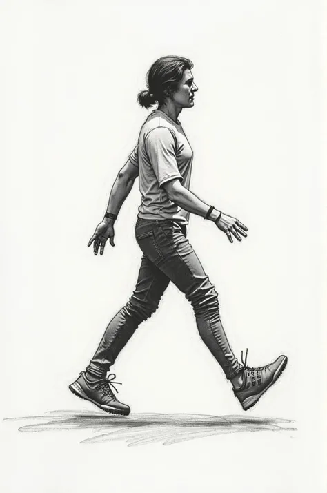 walk: A drawing of a person in motion, with one foot in front of the other, with one arm opposite the walking foot. drawing 