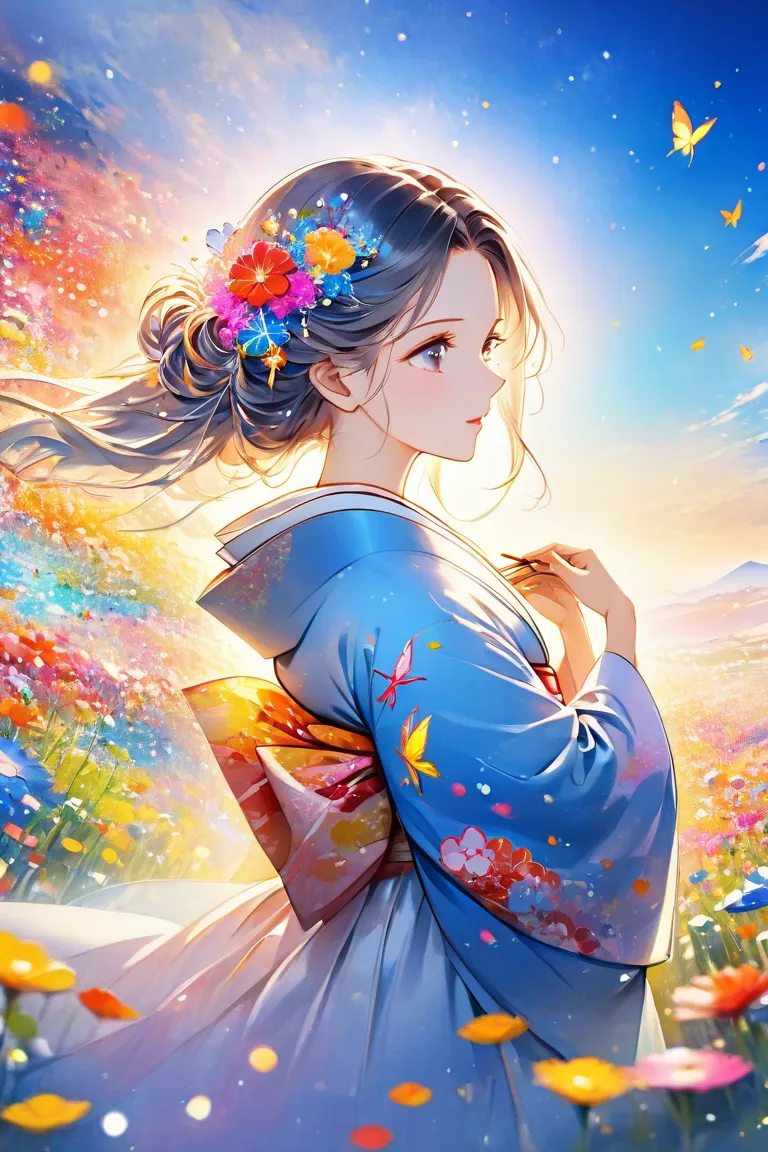 Young and beautiful woman in kimono, beautiful traditional Japanese floral pattern embodied in kimono, bright colors, colorful flower field, blue sky, anime art,　Masterpiece High Resolution Beautiful girl profile Transparent flowers approaching face with b...