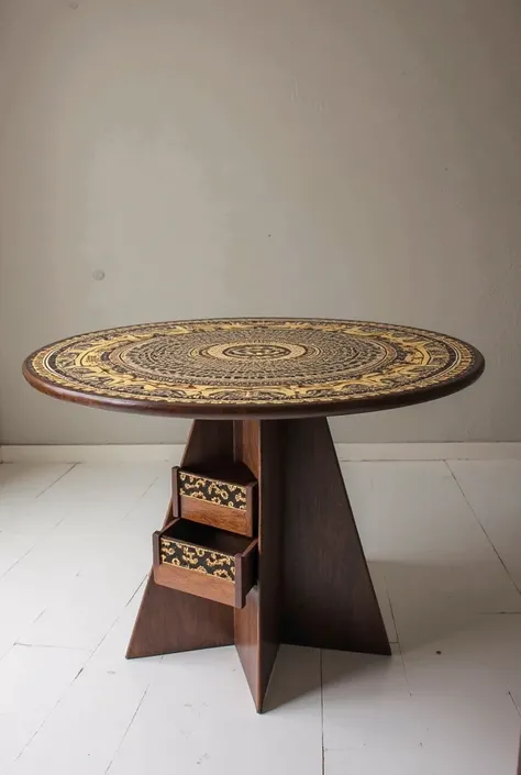 High-rise circular tables with African patterns and built-in drawers and, at the bottom, the foot in geometric shape. 