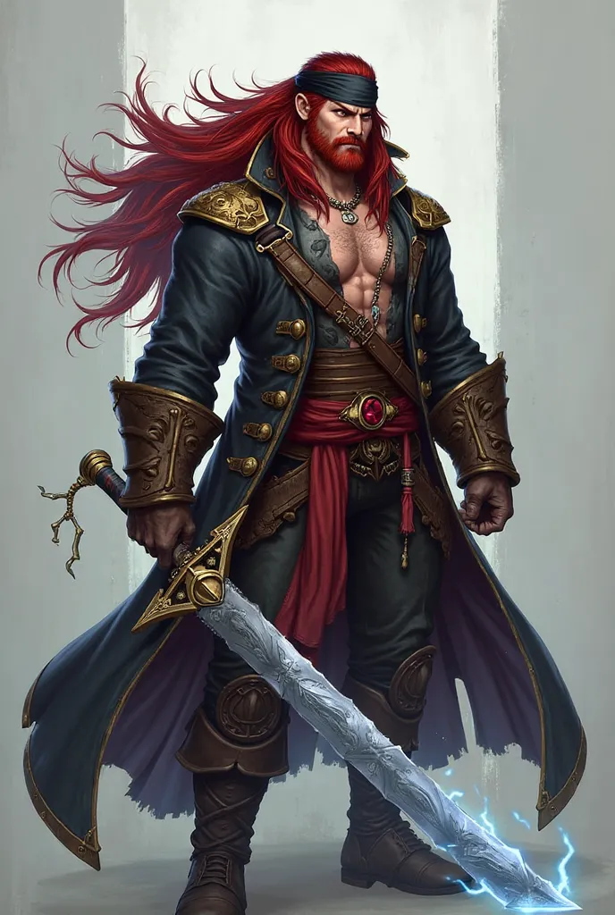 Name: Darius "Stormfang" Vayne

A towering pirate with a lightning-shaped scar over his left eye, Darius exudes an aura of raw power and unshakable confidence. His long, wild dark red hair flows behind him like a raging flame, barely tamed by a tattered bl...