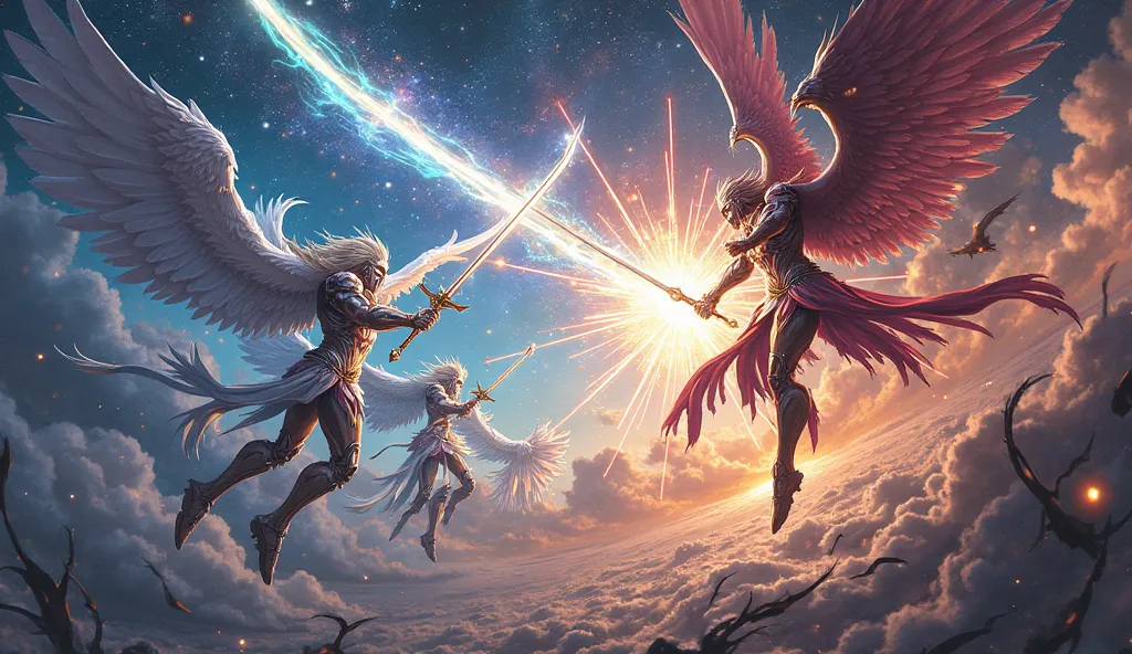 A war between ANGELS and DEMONS in the background of space. Anime Style  