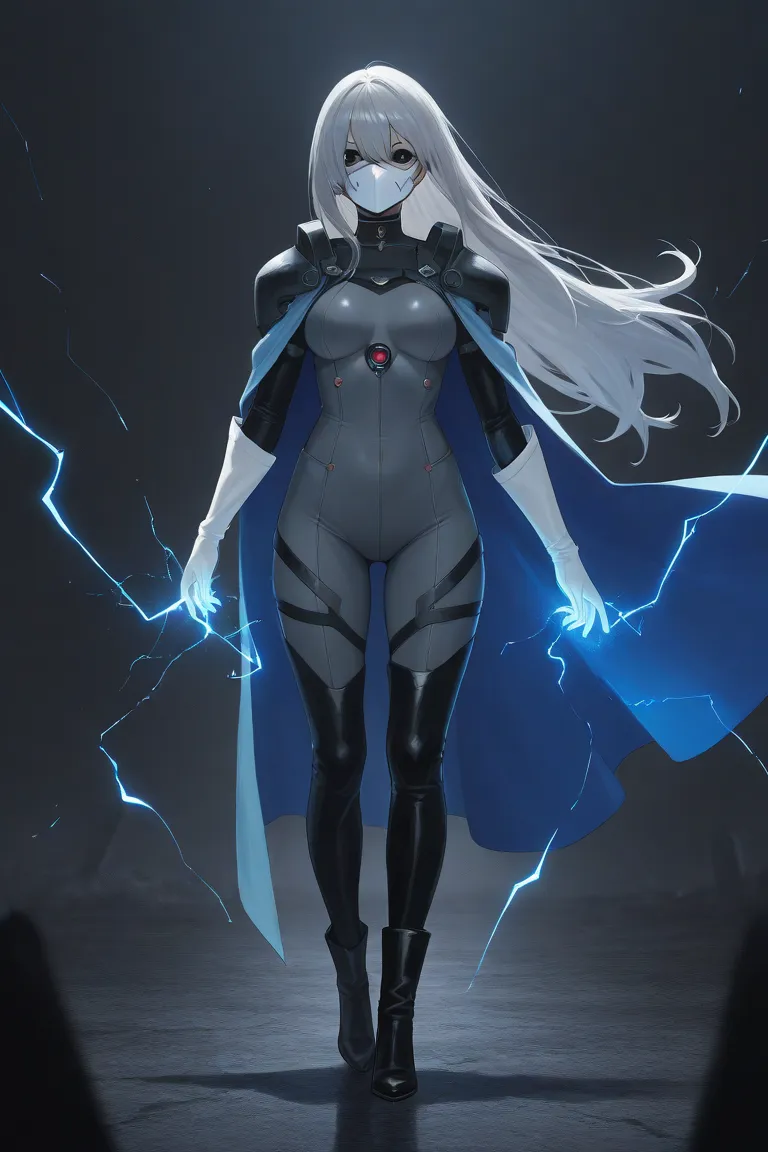 high resolution, masterpiece, necessary, detail, best quality, quality, necessary, details, High details, Precise, 
 
1girl_ ufotable style, ufotable anime

(Solo) faceless, mask covered face, white mask with black eyes, grey hair, long hair, blue long cap...