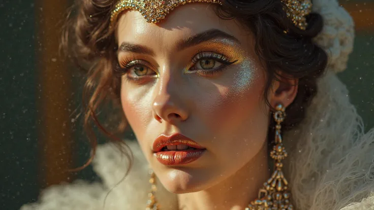 Close-up of a stunning opera singer with shimmering metallic lipstick and an intricate chrome headpiece. Her eyes, lined with glowing neon eyeliner, radiate confidence as she prepares to perform. Soft cinematic lighting, pastel tones with deep gold accents...