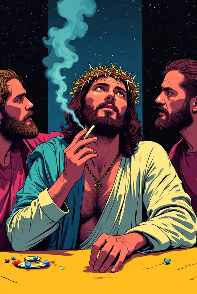 inspired by Andrew Warhola//silkscreen art//Contemporary Art//psychedelic/////Jesus Christ's Last Supper/Christ who smokes//the crown of thorns/full body//background/STARDUST