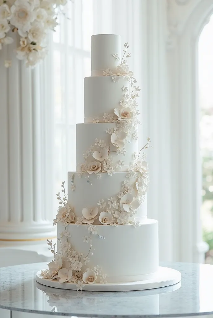 White wedding cake with waver papper and cristal decoration