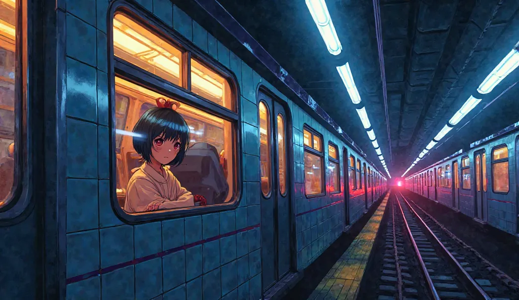 Late-night subway ride with lights anime style