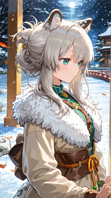 (masterpiece, Highest quality: 1.2), 1 girl, alone, anime art, (  front view) focus on your face, Highest quality,  Super Detailed Illustration of a Woman Drawing a Magic Arrow ,   wearing a ranger costume with green and brown details  ,  Silver Hair,Snow ...