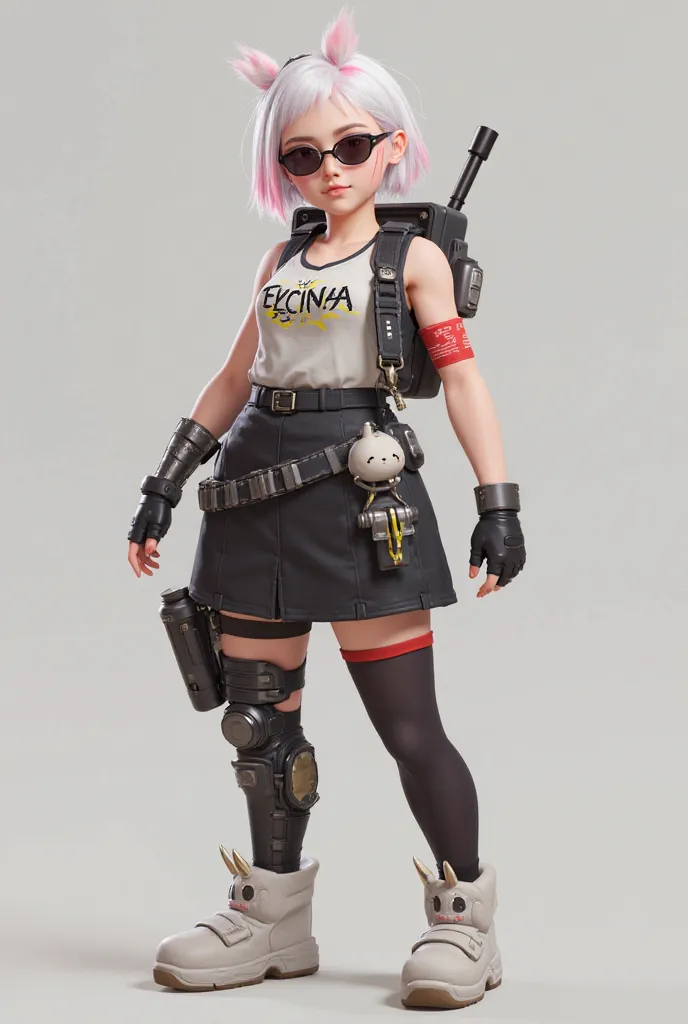 Female character in 3D
Hair: short, white with pink highlights, Trapped in a bun, with a hair stick.
glasses: Of small, dark suns, with a retro shape.
face: Makeup with red lines under the eyes, giving off an air of a warrior.
 top: White tank top with bla...