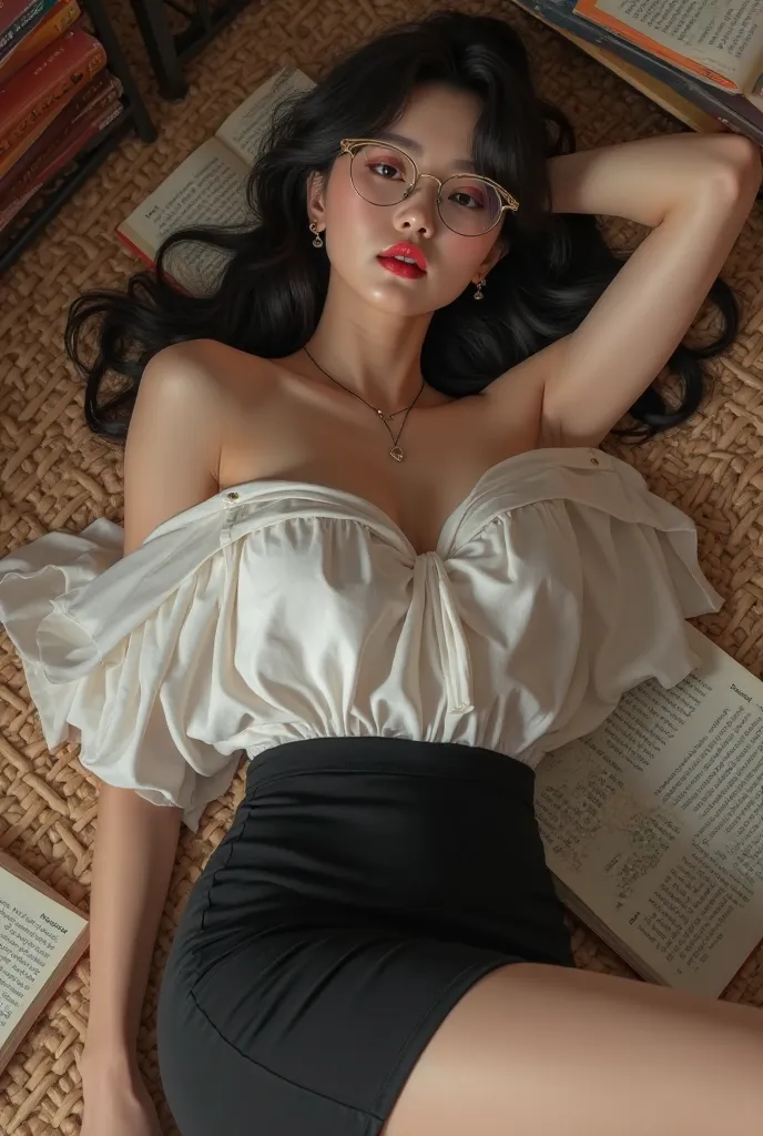 Korean girl, F Cup, Sexy，fashionable，Cold，  on t ，Hips，teacher，white off-the-shoulder shirt，black tight skirt， glasses， Classroom ，lying on the ground，book，Rattan 