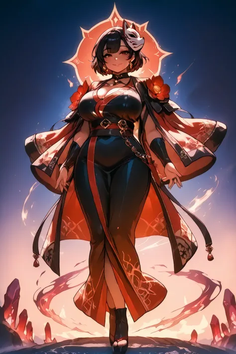  a girl, masterpiece,   breasts, big boobs, crystal earrings, Dark Fire Powers  , fox mask, Flower on the head, full body,  smile ,  red eyes , mischievous look, black hair , short hair ,  full body, chaqueta on shoulders,  around a fantasy landscape of da...