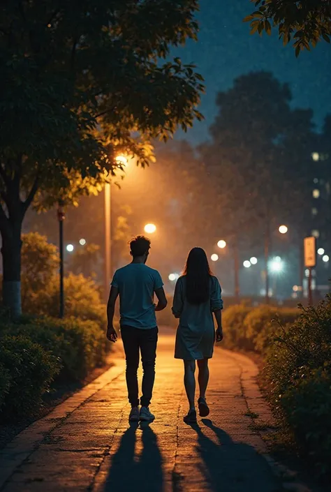 A 37-minute video of Two friends walking through a park at night under the light of streetlights.