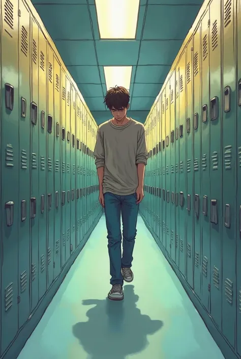 Make a boy man walking through the corridors of his school around the lockers, he has his face down and the position of the shot is seen from the front, but do it in a comic style and make it an animation type. 