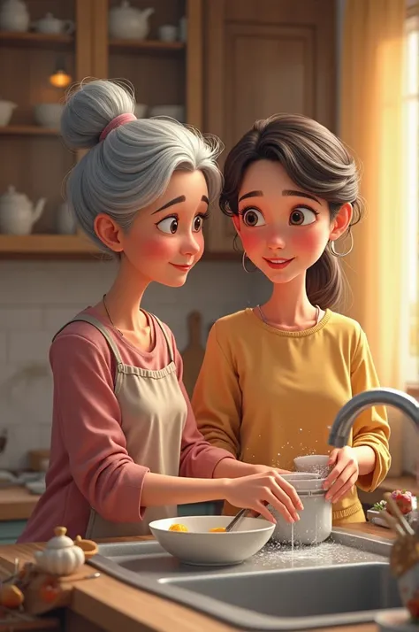 A gray-haired girl and a 35-year-old woman side by side in the kitchen, washing and drying the dishes together. Expression of relief and gratitude on the mother's face, now softer, while the daughter , concentrated, Divide the task.  warm and cozy lighting...