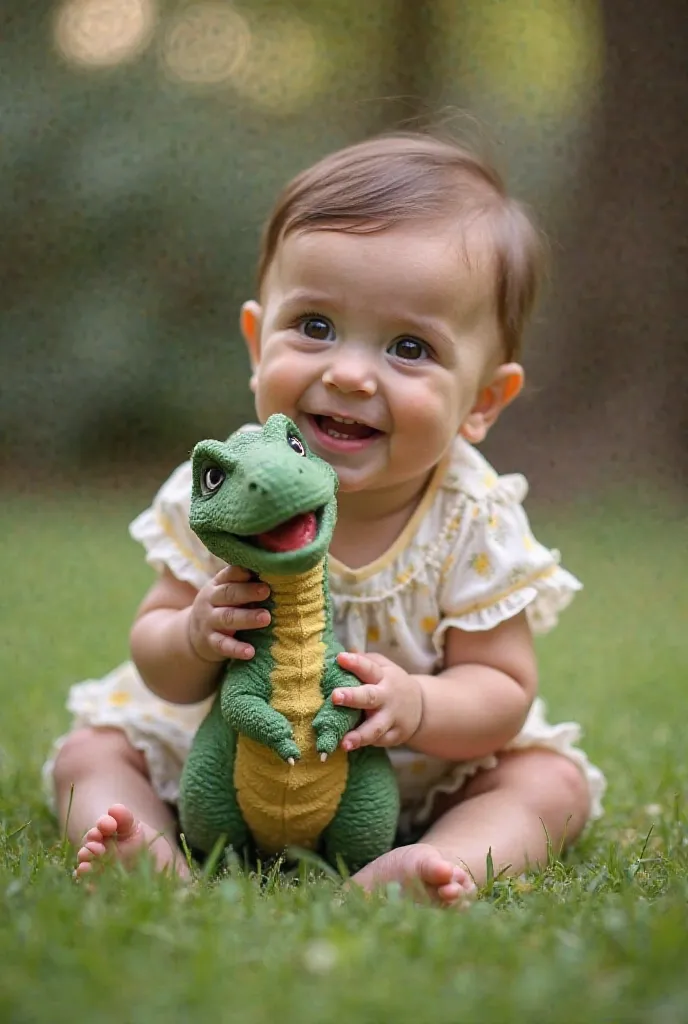 a baby playing with a dinosaur, adorable , happy expression blouse,  glowing eyes, wide smile, touching the dinosaur softly, playing in the yard, Green Grass, trees in the background,  soft light, Professional photograph, 4K,  vivid colors,  fine details