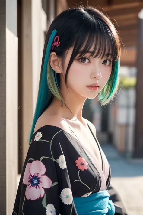 (Masterpiece,  top quality,  high definition:1.4),  wallpaper,  full body,  One Girl ,  long hair, ( Blue Hair:1.0), ( black hair:1.0),  green eyes,  multi colored hair ,  gradation hair ,  small chest ,  Side-Facing , yukata ,  holding party popper,   kni...