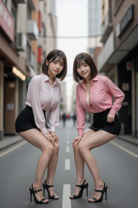 　  8K, RAW photos , super A high resolution, top quality , masterpiece:1.2),  (realistic illustration ), (highly detailed CG Unity 8K wallpaper), ((full body image :1.5)), ((full body:1.5)), ((2 women:1.5)), ((((2 women are leaning forward with her hands o...