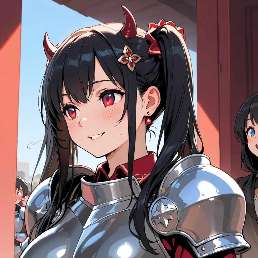  a girl, long hair, high resolution,  breasts, Looking at the spectator,  smile, blush, open-mouthed armor, blue eyes, black hair, red eyes, hair ornament, Love,  twin tails, mouth shut,  earrings, Horns, 