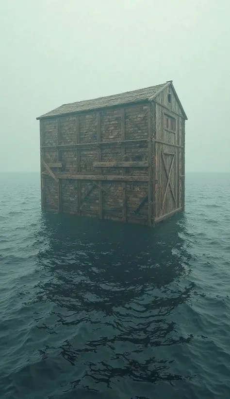 Noah's Ark square in the shape described in the Bible. in the middle of the sea in a distant image showing a long sea