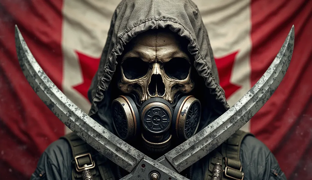 A highly detailed, photorealistic badge for a Canadian mercenary unit. At the center, an aggressive, battle-worn skull wearing a tactical gas mask with dark lenses and rugged filters, partially concealed beneath a tattered, shadowy hood. The hood drapes ov...