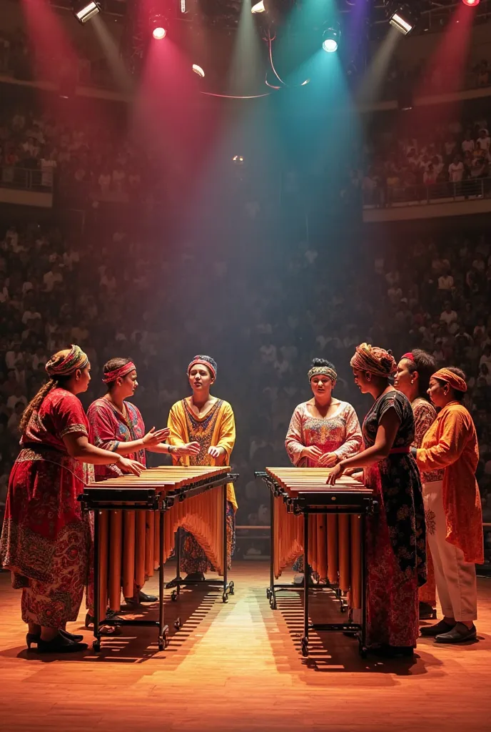 create an image where you can see two marimbas with 7 marimbists wearing typical costumes from all countries of the world