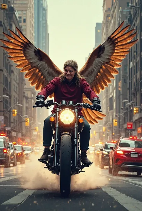 A motorcyclist and a falcon running together through the streets of New York, The motorcyclist wears a wine-red shirt 