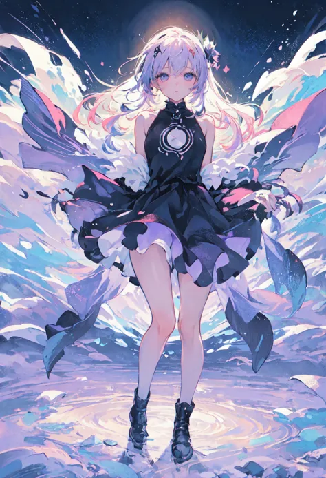 ((masterpiece,Highest quality)),(Negative Space :1.4),(1 girl, Alone:1.4),beautiful detail eye, Floating Pastel Pink and Lavender Hair, Lavender eyes, At night, starry sky, Shining Star