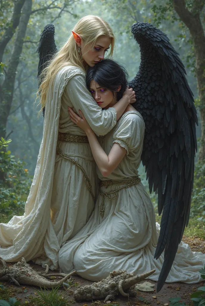 Draw a white elf with purple eyes and blond hair embracing an angel with black wings and short black hair that is kneeling, Crying with the body of a griffin dead on the floor 