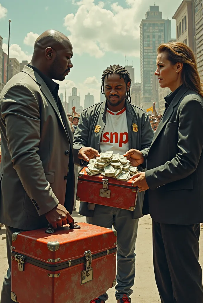 Terry Crews, Ronaldinho Gaúcho and Xuxa receiving suitcases of money from a lady wearing clothes that bear the Shopee company logo. De longe, The angry crowd protests