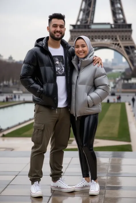 A photography couples ,bird eye view, Indonesian handsome man , wearing vinyl stone island puffer jacket , mettalica image t-shirt ,cargo pant army , vans sk8 high shoes, berpegangan tangan sejajar berdiri dengan wanita cantik korean wearing the nort face ...