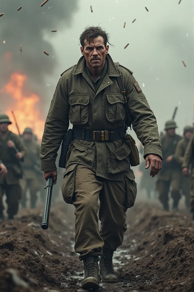 A man in war covered in mud with his war uniform in a field with a lot of mud raining and bullets across the sky and soldiers shooting from a trench and one being injured