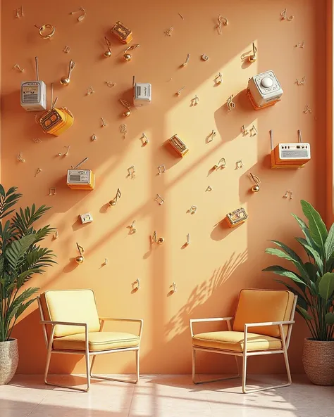 A champagne-colored wall with radio emojis and music, but without the chairs or sofas in the middle. At the top is written  "Isadora Machado"