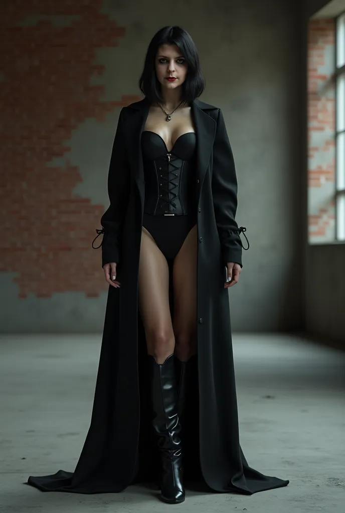 A young woman with a black corset,  black miniskirt ,  and overcoat black. black-haired girl.  shoulder-length hair . Black pants and boots. An empty room with exposed brick wall.