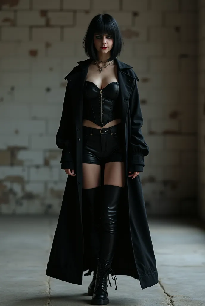 A young woman with a black corset,  black miniskirt ,  and overcoat black. black-haired girl.  shoulder-length hair . Black pants and boots. An empty room with exposed brick wall.