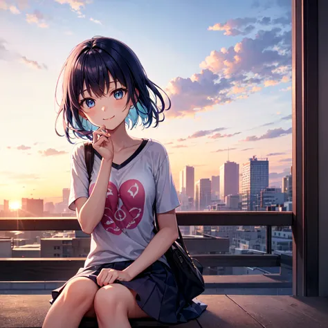 A serene scene unfolds in the schoolyard during dusk, where the sky is painted in warm hues of orange and pink. A short-haired high school girl with striking blue hair and bright blue eyes captures attention. She's wearing a simple T-shirt and flashes a ra...