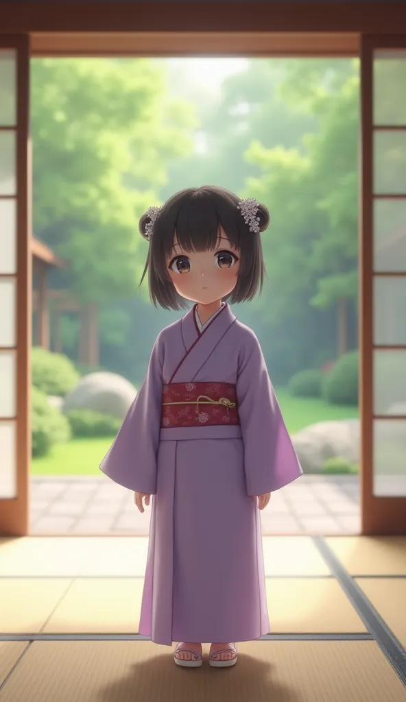  Fantastic　realistic footage　Japanese House　Tatami room　A cute Japanese small  girl wearing a light purple kimono　hair ornaments close to the garden　Your face is facing here