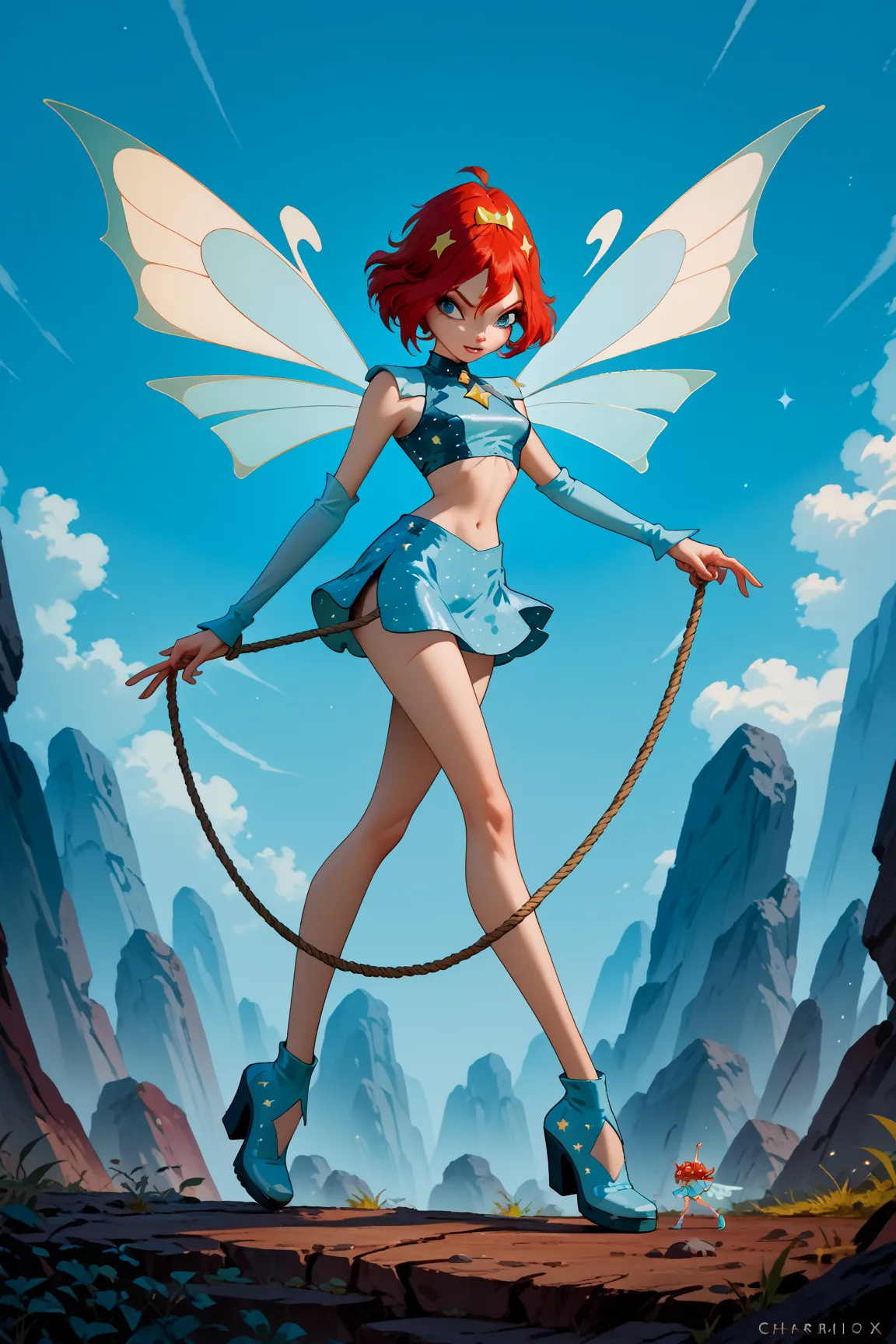 bloom (winx),charmix, wings, blue star pattern crop top, blue star pattern skirt, blue shoes, blue eyes, blue sleeves, hair ornament, red hair, the goblin tied Bloom's hands with a rope